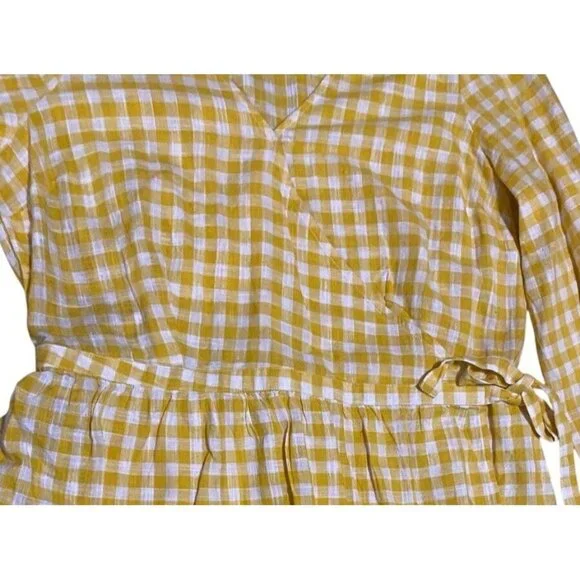 Old Navy Wrap Dress Womens XL Knee Long Sleeve Yellow Gingham Check Cotton - Picture 9 of 16